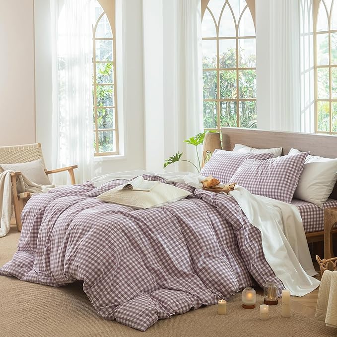 MooMee Gingham Duvet Cover Set 100% Washed Cotton Linen Like Textured Breathable Durable Soft Comfy Modern Checkered Design (Classic Gingham Light Purple, Twin 68"x90")