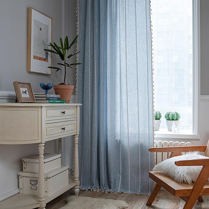 Sutuo Home Boho Curtains for Bedroom Dining Room, Light Filtering Farmhouse Vintage Chic Tassels Window Treatment Bohemian Embroidery Drape, Rod Pocket 1 Panel 52" W x 108" L, Blue