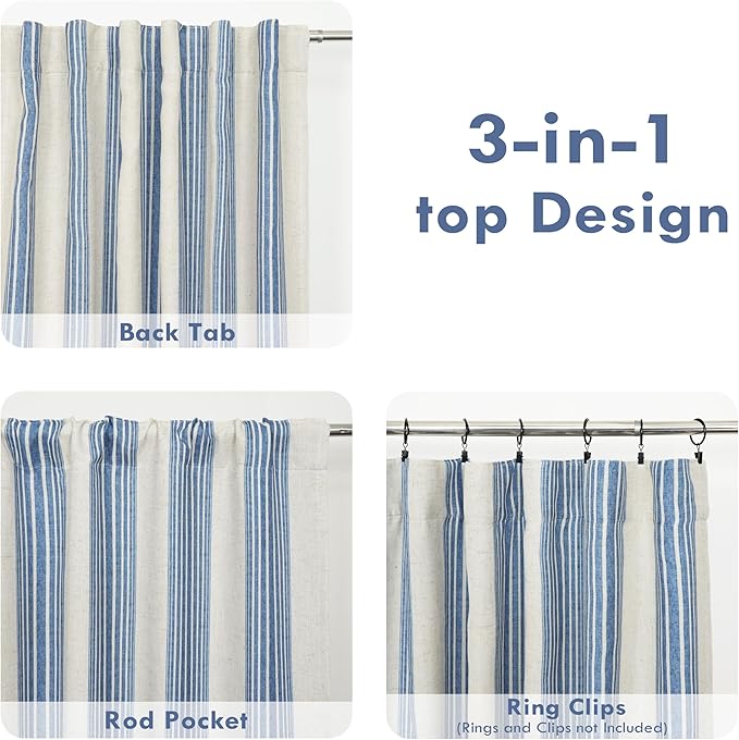 DriftAway Farmhouse Vertical Striped Linen Blend Textured Light Filtering Semi Sheer Curtains for Living Room Bedroom 36 Inches Long Drapes 2 Panels Broad Striped Linen Jean Navy