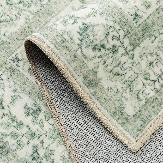 Sage Green Area Rug 4x6 Washable Office Entryway Carpet Vintage Distressed Non Slip Kitchen Indoor Entry Neutral Low Pile Retro Floral Farmhouse Throw Mat for Laundry Dining Room Bedroom