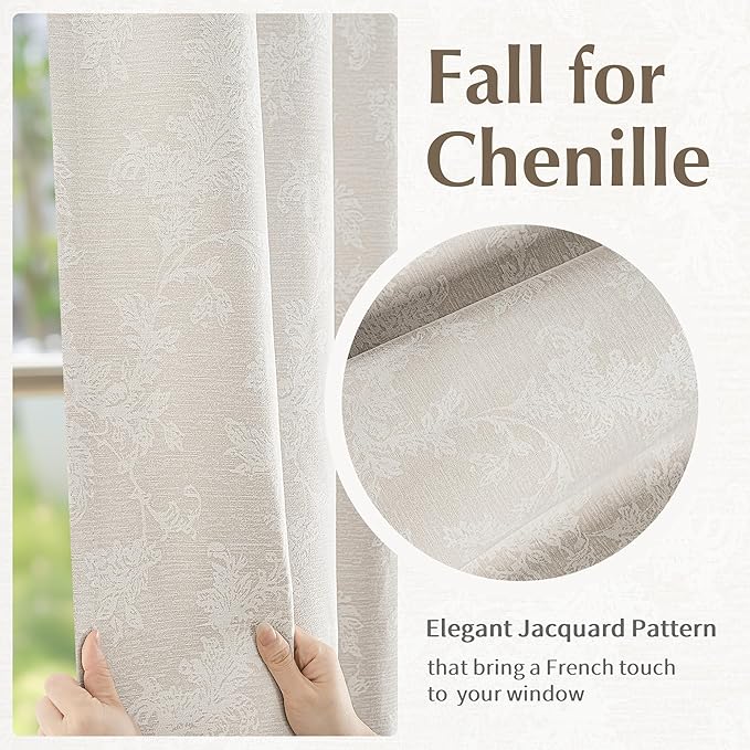 FMFUNCTEX Beige Floral Jacquard Blackout Curtains 96 Inches Long for Bedroom, Scroll Flower Chenille Farmhouse Curtains for Living Room Darkening Thermal Insulated Grommet Window Drapes 2 Panels
