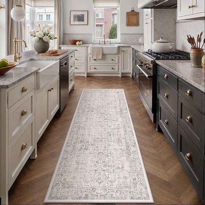 Gray Runner Rug 2'6"x14' Washable Carpet for Hallway Kitchen Vintage Distressed Non Slip Indoor Grey Retro Floral Bedroom Accent Throw Long Rug Bathroom Office Laundry Dining Living Room