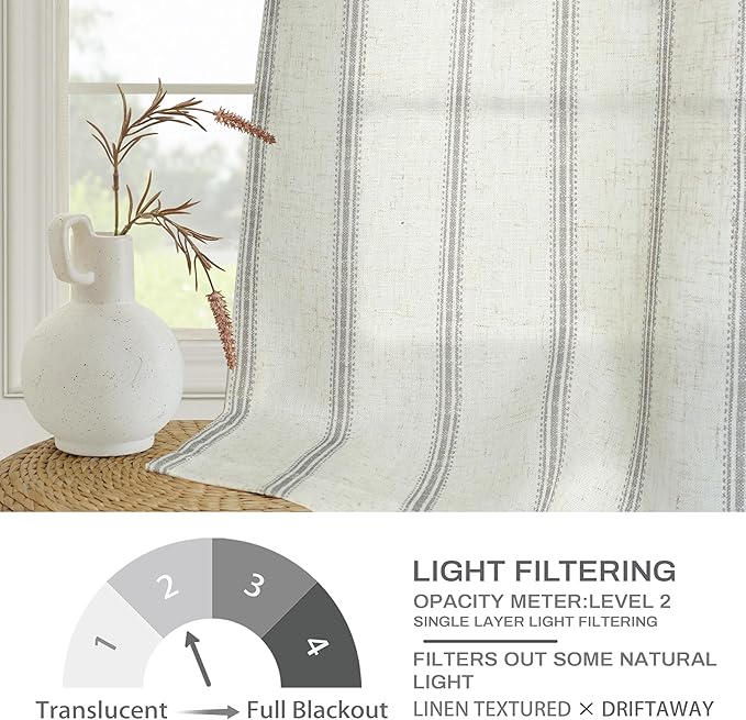 DriftAway Farmhouse Vertical Striped Linen Blend Textured Light Filtering Semi Sheer Curtains for Living Room Bedroom 54 Inches Long Drapes 2 Panels
