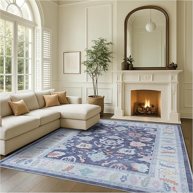 Fame Rugs Navy Blue Modern Oushak Rug 6x9, Vintage Turkish Colorful Oriental Antique Inspired Washable Large Area Rugs, Luxury Living Room Bedroom (388NB, 6' x 9')