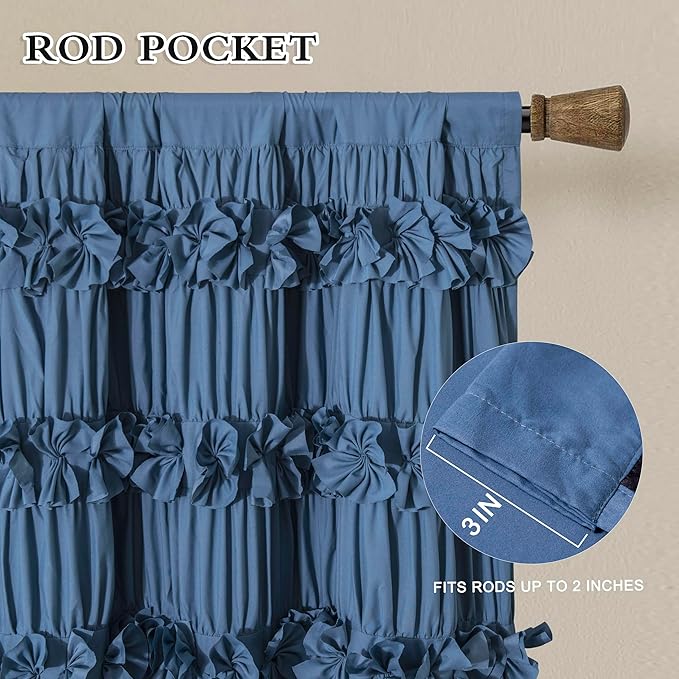 Luxurious Dusty Blue Blackout Curtains with 3 Rows of Handmade Butterfly Flower Ruffles, Room Darkening and Soundproof Window Curtain 54" x 84", 2 Panels, Machine Washable (LQ-37)