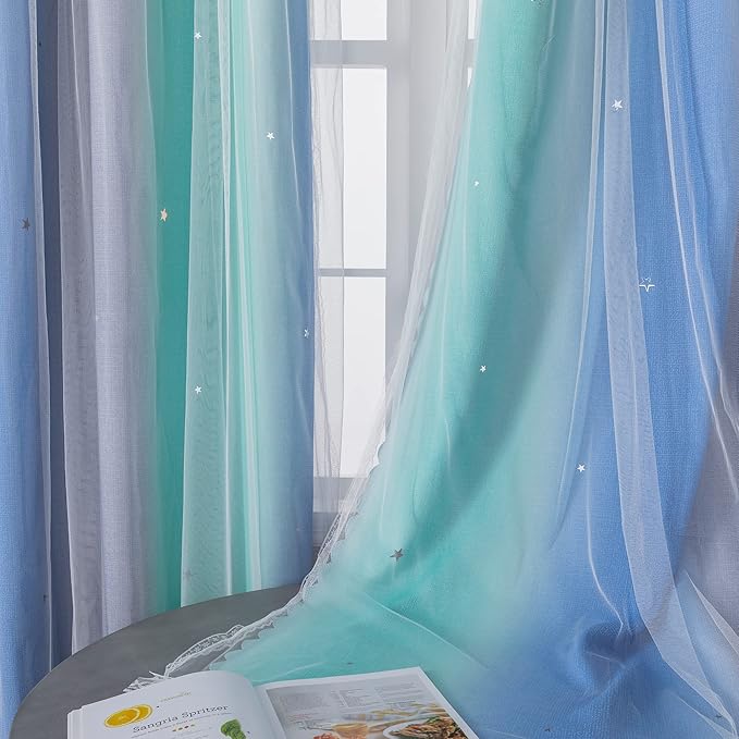 XiDi Curtains for Bedroom Decor, Rainbow BluGrenGrey-34-90