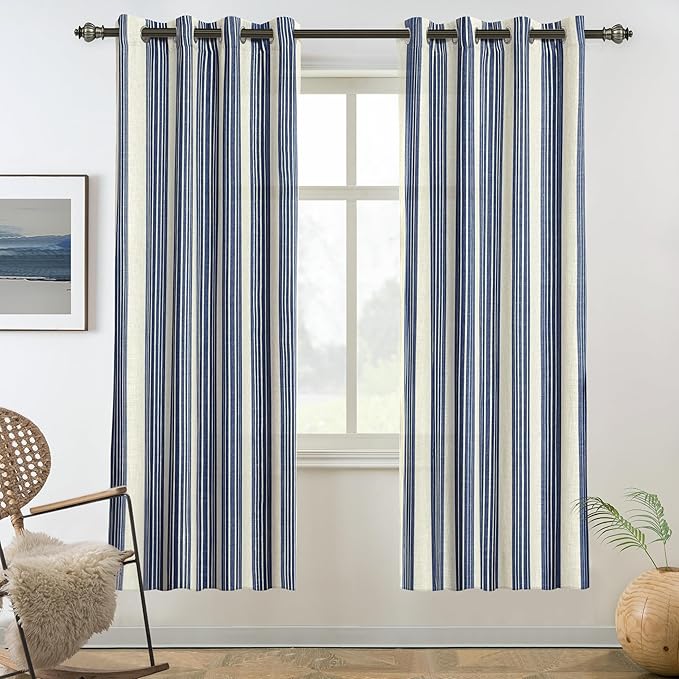 DriftAway Farmhouse Vertical Striped Linen Blend Textured Light Filtering Semi Sheer Curtains for Living Room Bedroom 63 Inches Long Drapes 2 Panels Broad Striped Dark Navy