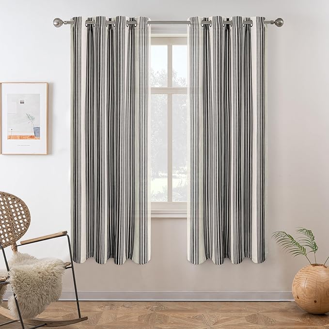 DriftAway Farmhouse Vertical Striped Linen Blend Textured Light Filtering Semi Sheer Curtains for Living Room Bedroom 63 Inches Long Drapes 2 Panels Broad Striped Black