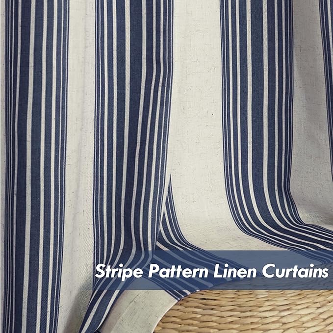 DriftAway Farmhouse Vertical Striped Linen Blend Textured Light Filtering Semi Sheer Curtains for Living Room Bedroom 72 Inches Long Drapes 2 Panels Broad Striped Dark Navy