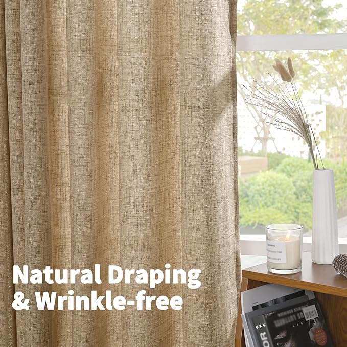 YoungsTex Short Linen Semi Sheer Curtains 45 Inch Length for Kitchen Window, Burlap Textured Drapes with Bronze Grommet Light Filtering for Cafe Bathroom Bedroom, Toffee, 2 Panels, 42 X 45 Inch