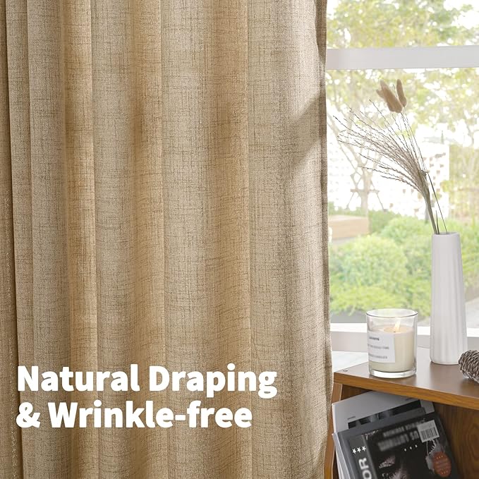 YoungsTex Burlap Linen Curtains 84 Inch Length for Living Room, Textured Tan Semi Sheer Drapes with Bronze Grommet Light Filtering for Farmhouse Bedroom, Toffee, 2 Panels, 52 X 84 Inch