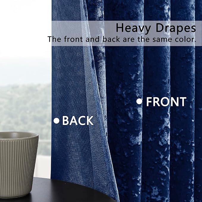 SMILETIME Navy Blue Crushed Velvet Curtains 52x84inch Rod Pocket Luxurious Thermal Insulated Soundproof Drapes Soft and Durable Light-Filtering Window Treatments for Living Room Bedroom, 2 Panels