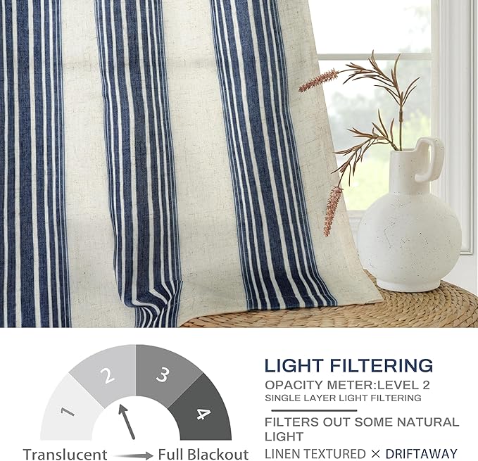 DriftAway Farmhouse Vertical Striped Linen Blend Textured Light Filtering Semi Sheer Curtains for Living Room Bedroom 72 Inches Long Drapes 2 Panels Broad Striped Linen Dark Blue