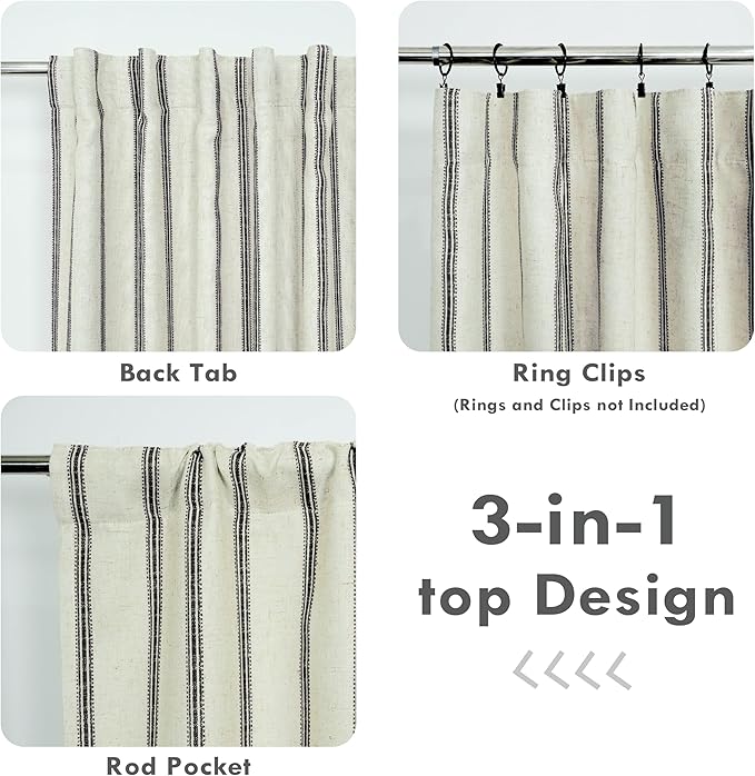 DriftAway Farmhouse Vertical Striped Linen Blend Textured Light Filtering Semi Sheer Curtains for Living Room Bedroom 63 Inches Long Drapes 2 Panels Linen Black