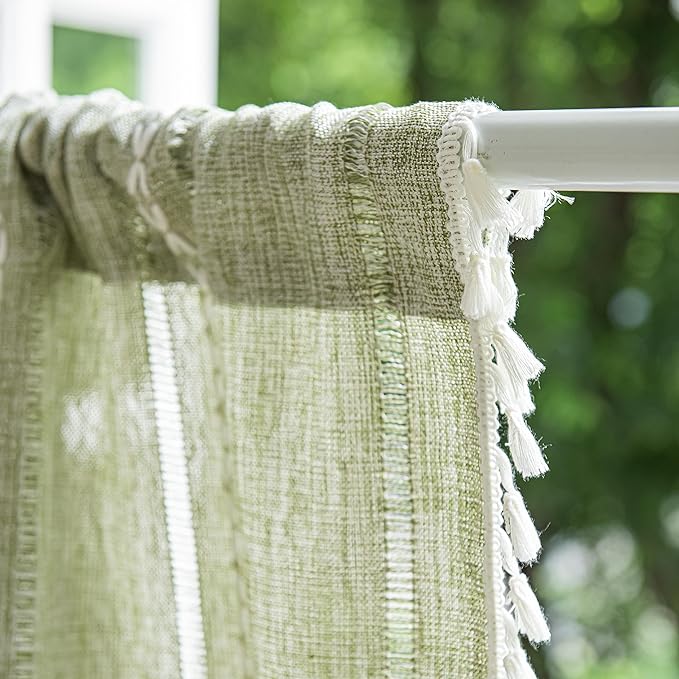 Sutuo Home Green Boho Curtain 52W x 36L inch White Striped Light Filtering Short Valance Tier, 1 Panel Embroidery Bohemian Farmhouse Country Kitchen Window Treatment Decor for Small Closet