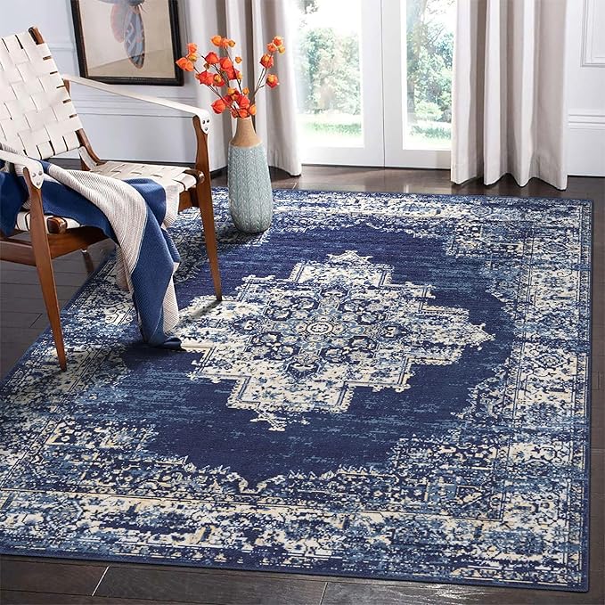 vivorug Round Rug 4ft Vintage Round Area Rug Non-Slip Indoor Carpet for Living Room Bedroom Entryway, Stain Resistant Home Decor Circle Rug, Navy Blue