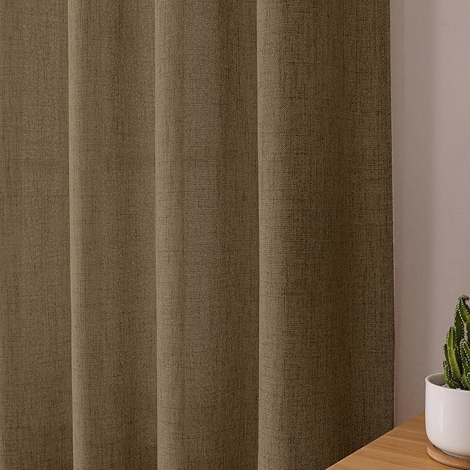 Tollpiz Linen Curtains Bedroom Rod Pocket Semi Sheer Curtain Burlap Light Filtering Thick Linen Drapes for Living Room, 54 x 84 inches Long, Brown, Set of 2 Panels