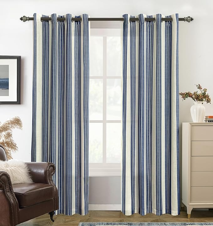 DriftAway Farmhouse Vertical Striped Linen Blend Textured Light Filtering Semi Sheer Curtains for Living Room Bedroom 84 Inches Long Drapes 2 Panels Broad Striped Dark Navy