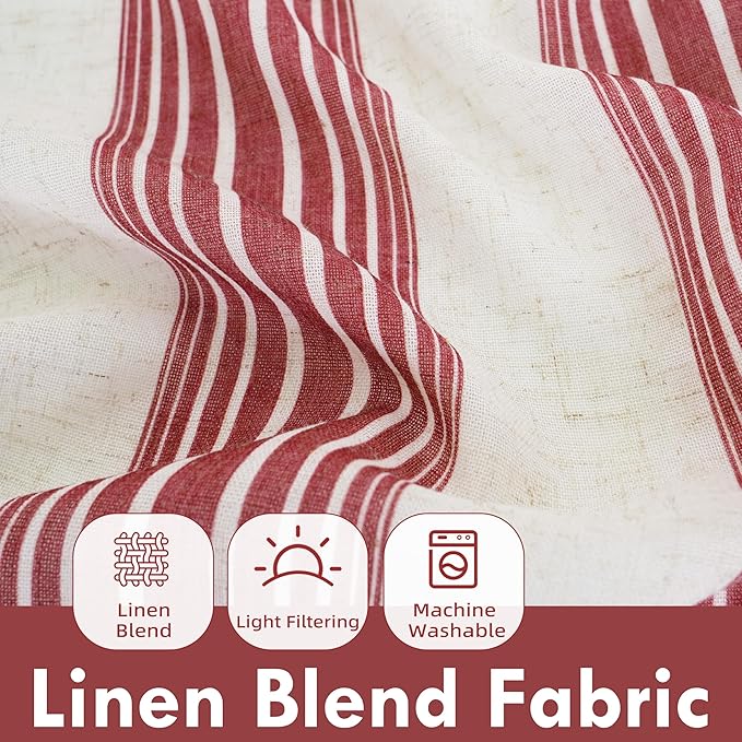 DriftAway Farmhouse Vertical Striped Linen Blend Textured Light Filtering Semi Sheer Curtains for Living Room Bedroom 63 Inches Long Drapes 2 Panels Broad Striped Red