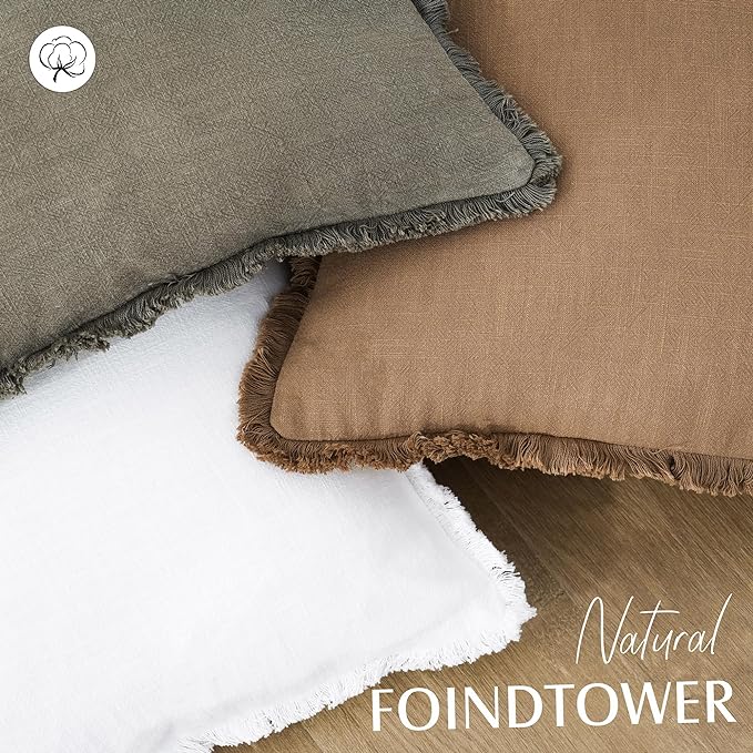 Foindtower Set of 2 Decorative Linen Fringe Throw Pillow Covers Cozy Boho Farmhouse Cushion Cover with Tassels Soft Accent Pillowcase for Couch Sofa Bed Living Room Home Decor,18×18 Inch,Khaki Brown