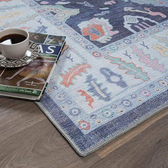 Fame Rugs Navy Blue Modern Oushak Rug 5x7, Washable Vintage Turkish Colorful Oriental Antique Inspired Area Rugs, Luxury Living Room Bedroom (388NB, 5' x 7')