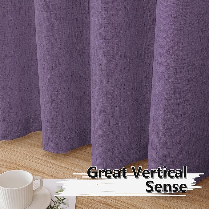 Tollpiz Linen Curtain Bedroom Rod Pocket Semi Sheer Curtains Burlap Light Filtering Thick Linen Drape for Living Room, 54 x 63 inches Long, Royal Purple, Set of 2 Panels