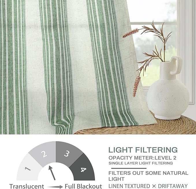 DriftAway Farmhouse Vertical Striped Linen Blend Textured Light Filtering Semi Sheer Curtains for Living Room Bedroom 96 Inches Long Drapes 2 Panels Broad Striped Linen Loden Green