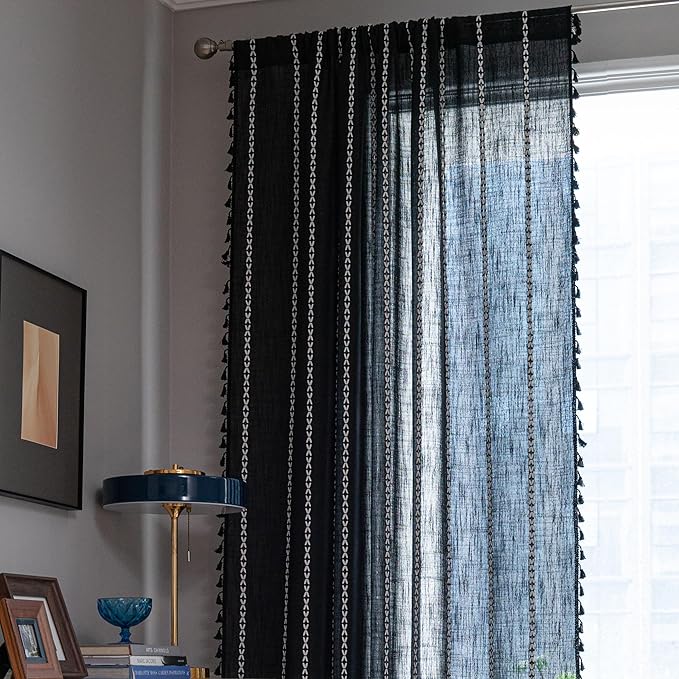 Sutuo Home Black Boho Curtains for Bedroom Living Room, Semi Blackout Linen Farmhouse Tassels Window Treatment Bohemian Embroidery Drape for Halloween Decor, Rod Pocket 1 Panel 52" W x 72" L