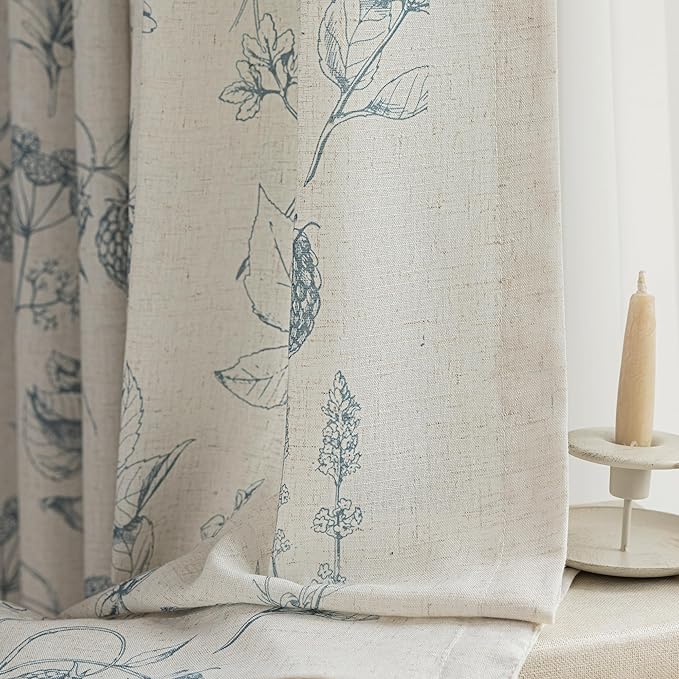 FMFUNCTEX Linen Curtains Floral Patterned Curtains for Bedroom Living Room, Blue Curtain 96 Inches Long Farmhouse, Light Filtering Beige Window Curtain Grommet Top 2 Panels Set