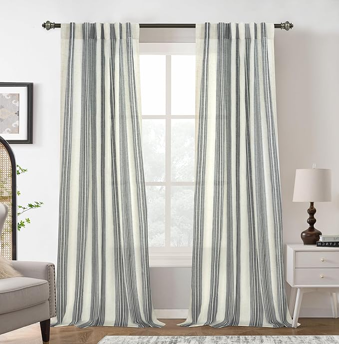 DriftAway Farmhouse Vertical Striped Linen Blend Textured Light Filtering Semi Sheer Curtains for Living Room Bedroom 84 Inches Long Drapes 2 Panels Broad Striped Linen Grey