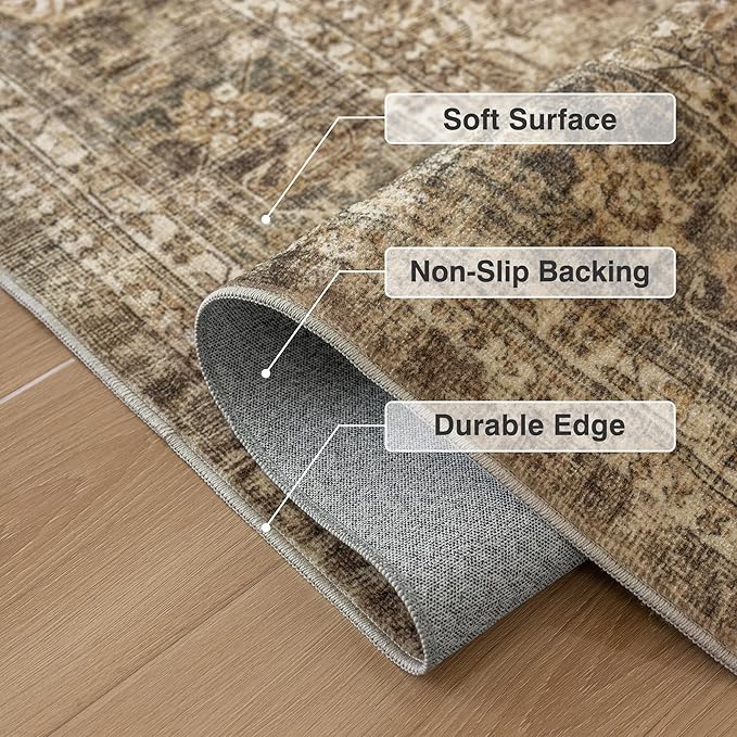 FMFUNCTEX 3x12 Runner Rug Brown Washable Vintage Neutral Distressed Non Slip Low Pile Indoor Carpet Soft Retro Floral Hallway Entryway Rug for Kitchen Living Room Bedroom Bathroom Laundry Bedside