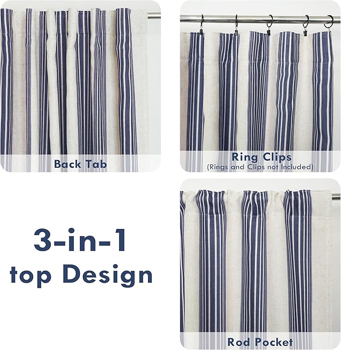 DriftAway Farmhouse Vertical Striped Linen Blend Textured Light Filtering Semi Sheer Curtains for Living Room Bedroom 102 Inches Long Drapes 2 Panels Broad Striped Linen Dark Blue