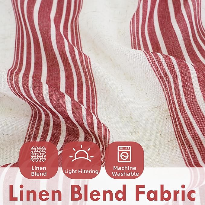 DriftAway Farmhouse Vertical Striped Linen Blend Textured Light Filtering Semi Sheer Curtains for Living Room Bedroom 84 Inches Long Drapes 2 Panels Broad Striped Linen Red