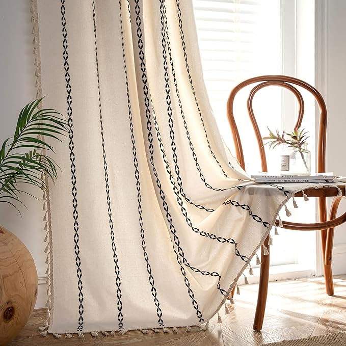 Sutuo Home Boho Curtains 108 Inches Long, Bohemian Drape for Bedroom Living Room, Privacy Country Semi Blackout Farmhouse for Halloween Decor Rod Pocket, 1 Panel W52 x L108 White and Black