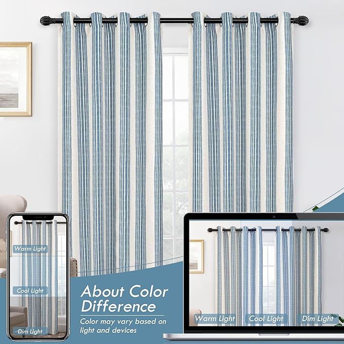 DriftAway Farmhouse Vertical Striped Linen Blend Textured Light Filtering Semi Sheer Curtains for Living Room Bedroom 120 Inches Long Drapes 2 Panels Broad Striped Jean Navy