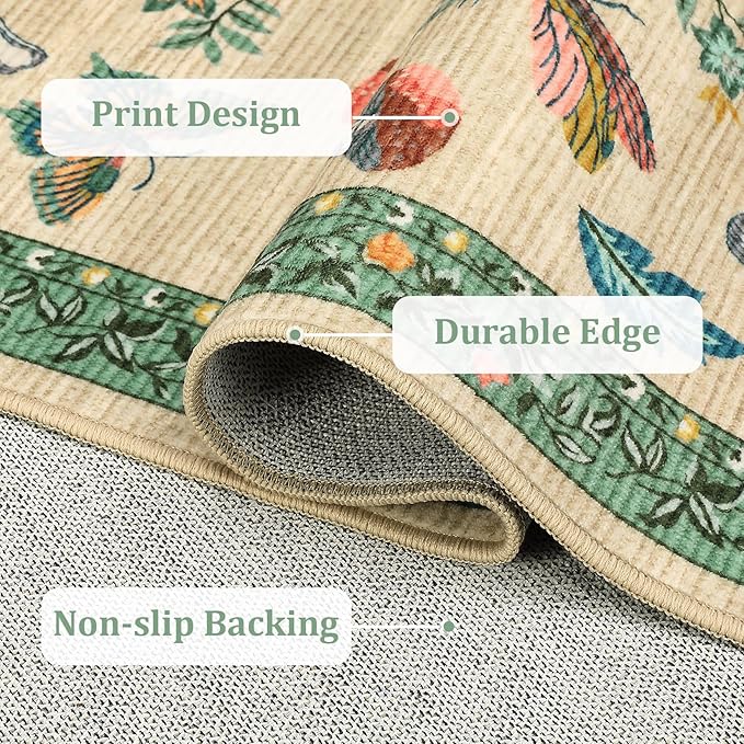 Mushroom 9x12 Rug for Living Room Non Slip Washable 9 X 12 Rug for Bedroom with Rubber Back Soft Low-Pile Stain Resistant Foldable Large Carpet for Nursery Dining Room Khaki Green