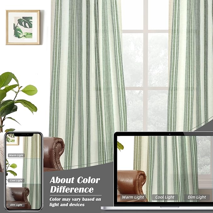 DriftAway Farmhouse Vertical Striped Linen Blend Textured Light Filtering Semi Sheer Curtains for Living Room Bedroom 63 Inches Long Drapes 2 Panels Broad Striped Linen Loden Green
