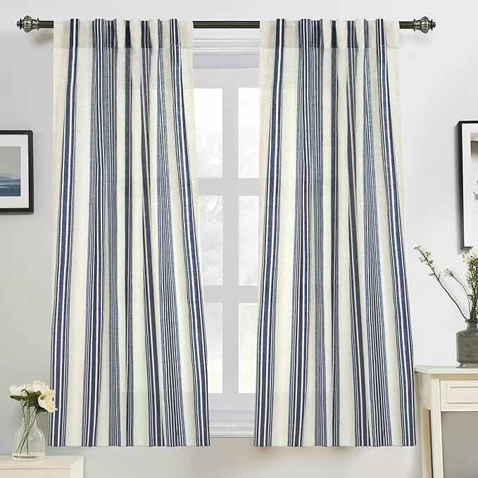 DriftAway Farmhouse Vertical Striped Linen Blend Textured Light Filtering Semi Sheer Curtains for Living Room Bedroom 54 Inches Long Drapes 2 Panels Broad Striped Linen Dark Blue