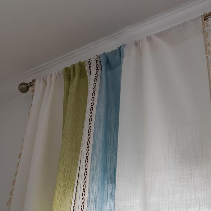 Sutuo Home Boho Curtains 63 inches for Bedroom Living Room, Semi Blackout Linen Farmhouse Tassels Window Treatment Bohemian Embroidery Drape, Rod Pocket 1 Panel 52" W x 63" L, Green Blue Striped Linen