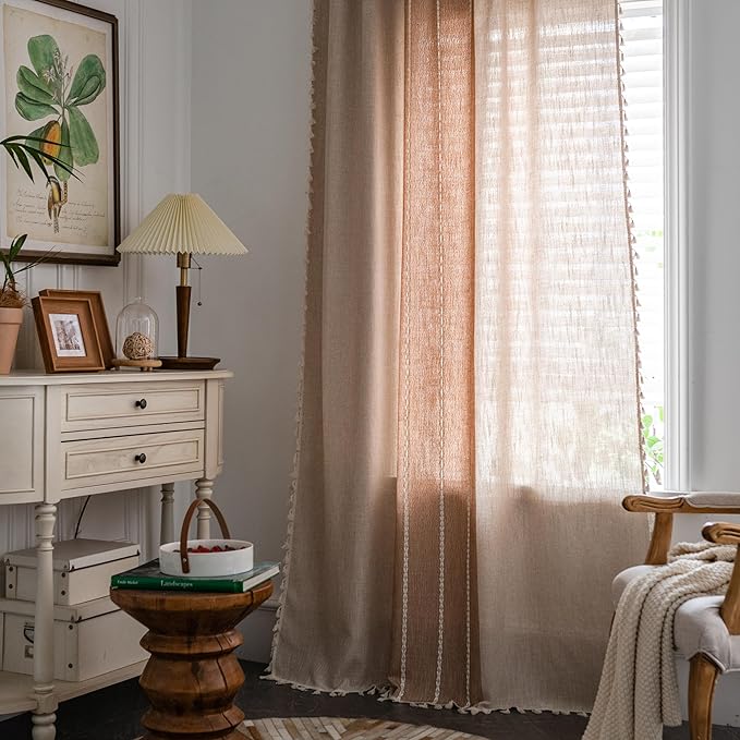 Sutuo Home Boho Curtains 63 inch for Nursery Room, Semi Blackout Linen Farmhouse Classic Shabby Chic Tassels Window Treatment Bohemian Embroidery Drape, Rod Pocket 1 Panel 52" W x 63" L, Coffee Linen