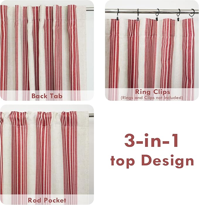 DriftAway Farmhouse Vertical Striped Linen Blend Textured Light Filtering Semi Sheer Curtains for Living Room Bedroom 63 Inches Long Drapes 2 Panels Broad Striped Linen Red