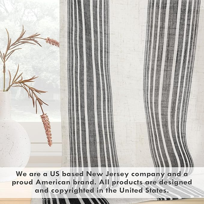 DriftAway Farmhouse Vertical Striped Linen Blend Textured Light Filtering Semi Sheer Curtains for Living Room Bedroom 63 Inches Long Drapes 2 Panels Broad Striped Black