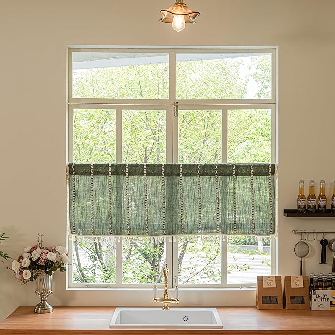 Sutuo Home Boho Valance Short Curtains Tier for Windows Cafe Closet, Bohemian Linen Farmhouse Tassels Light Filtering Window Treatment Embroidery Drape Rod Pocket 1 Panel 52" W x 36" L Olive Green