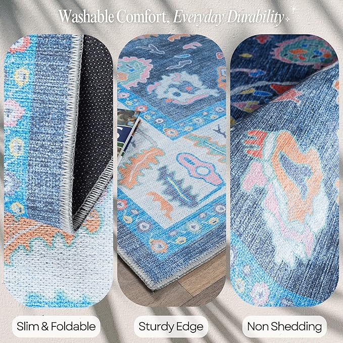 Fame Rugs Blue Modern Oushak Rug 3x5, Washable Vintage Turkish Colorful Oriental Antique Inspired Foldable Small Area Rugs, Luxury Living Room Bedroom (387BNB, 2'6" x 5')