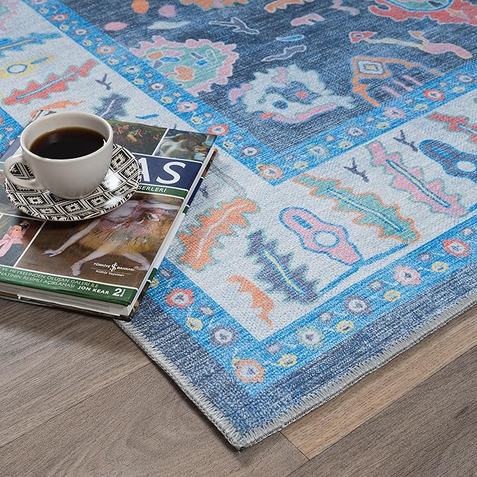 Fame Rugs Blue Modern Oushak Rug 10x13, Vintage Turkish Colorful Oriental Washable Antique Inspired Oversize Area Rugs, Luxury Living Room Bedroom (387BNB, 10' x 13')
