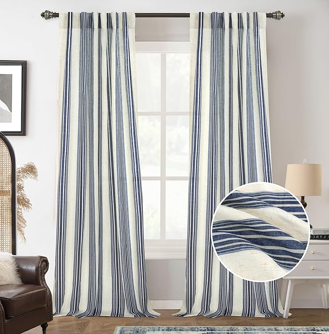DriftAway Farmhouse Vertical Striped Linen Blend Textured Light Filtering Semi Sheer Curtains for Living Room Bedroom 96 Inches Long Drapes 2 Panels Broad Striped Linen Dark Blue