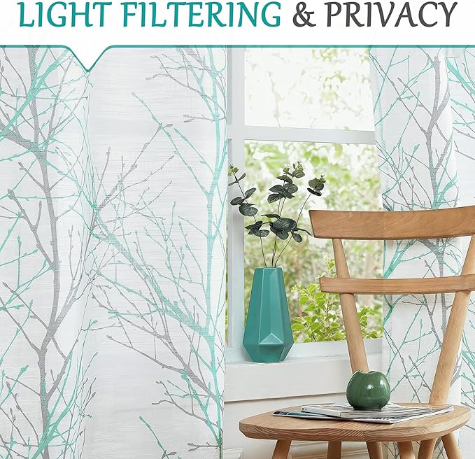 FMFUNCTEX Linen Semi Sheer Curtains for Bedroom, Auqa Blue White Curtains 63 Inches Long for Living Room, Grey Tree Branch Patterned Curtain Light Filtering Window Drapes, Grommet Top 2 Panels