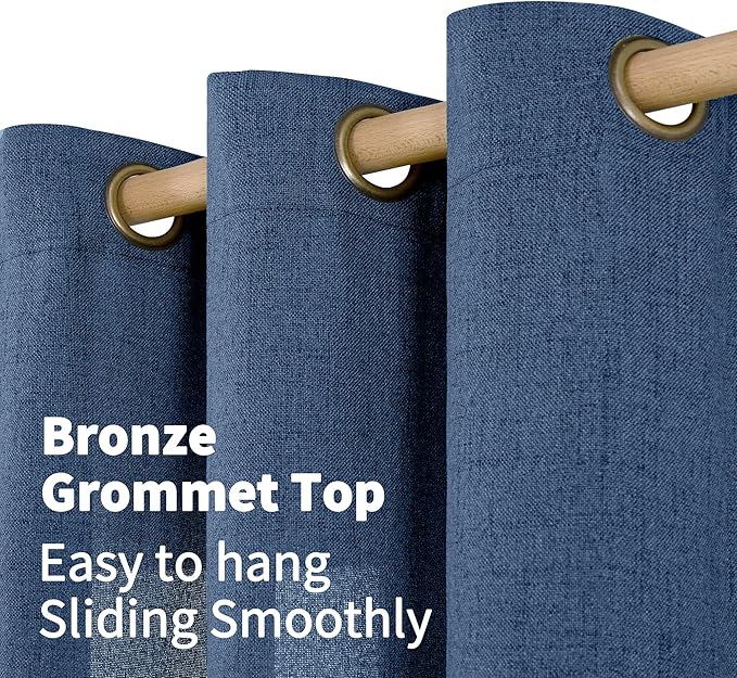 YoungsTex Navy Blue Linen Curtains 48 Inch Length, Short Light Filtering Semi Sheer Drapes with Bronze Grommet Privacy for Bathroom Living Room Window, 42 x 48 Inch, 2 Panels