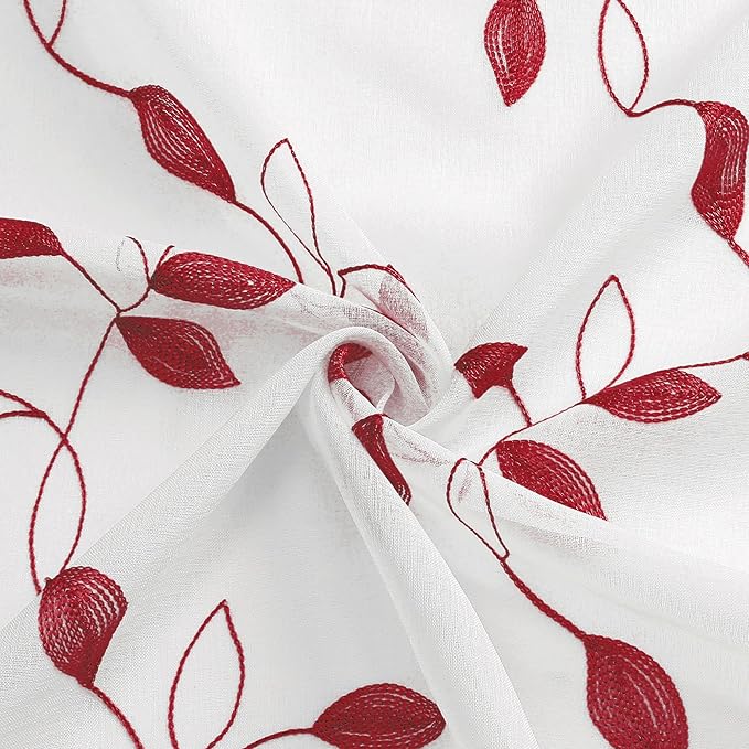 Tollpiz Burgundy Red Leaf Sheer Curtain Leaves Embroidered Living Room Curtains Rod Pocket Voile Window Treatment for Bedroom, 54 x 72 inches Long, Set of 2 Panels