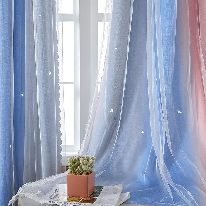 XiDi Dream Star Blackout Curtains for Kids Rooms Girl Princess Curtain for Daughter Bedroom Window (Pink Grey Blue, W52 X L72)